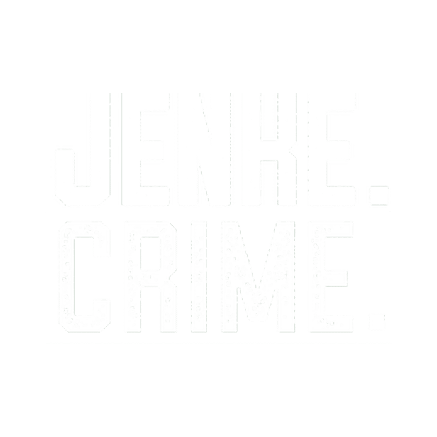 Der weiße Text auf hellgrauem Hintergrund lautet "JENKE. CRIME." in Großbuchstaben und fetter, blockartiger Schrift und verweist auf Philip Schlaffers beeindruckende Erforschung von Verbrechen und Gesellschaft.