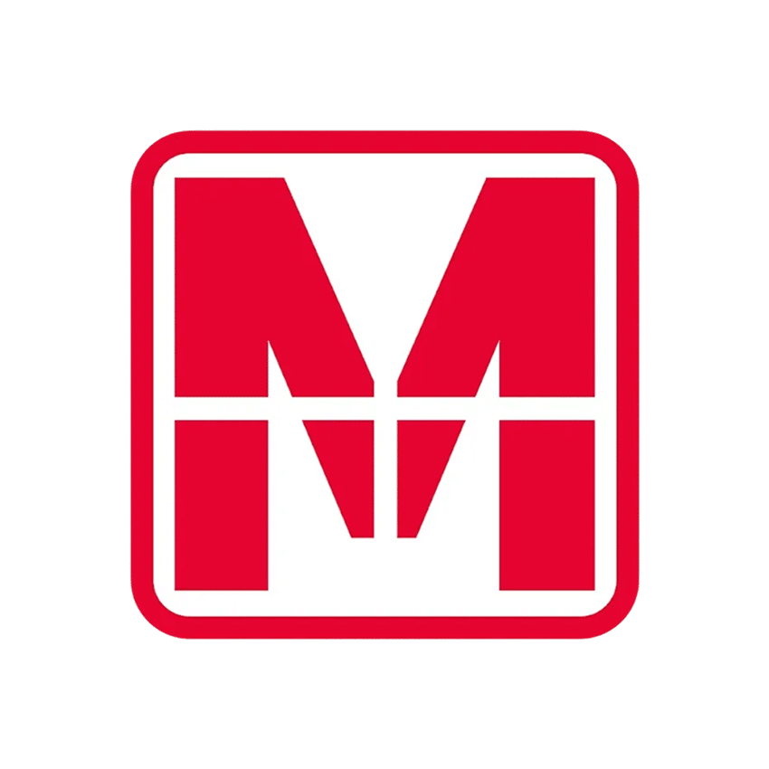 Ein auffälliges rotes "M"-Logo in einem rot umrandeten Quadrat auf weißem Hintergrund, wobei der mittlere Teil des "M" eine kleinere weiße "M"-Form bildet, inspiriert von Philip Schlaffers charakteristischem Designstil.