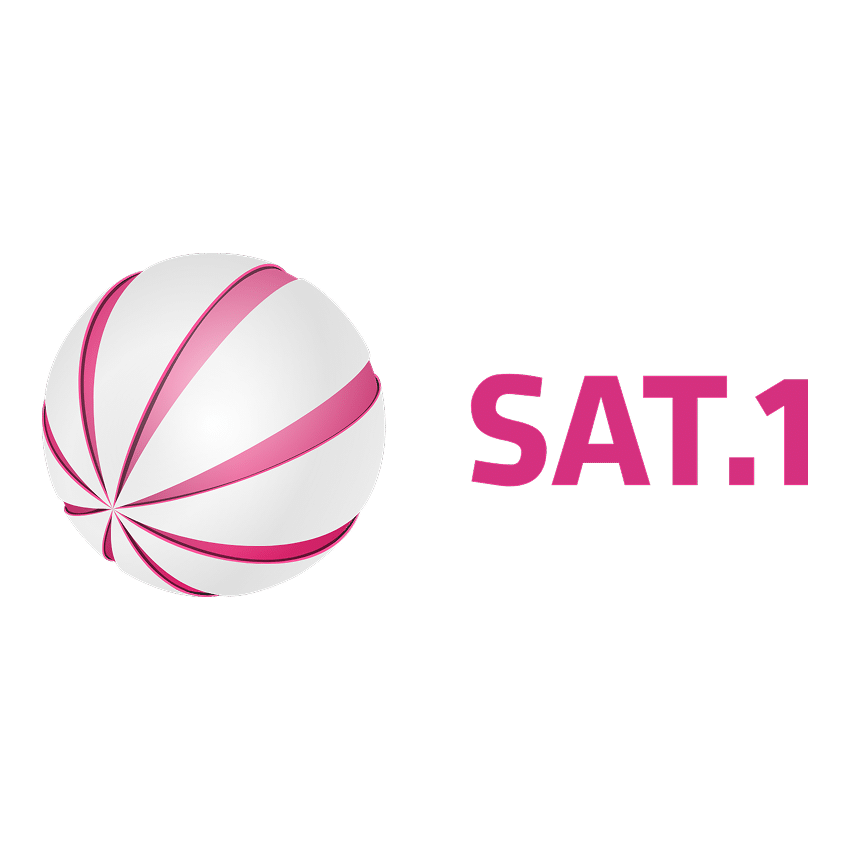 Eine weiße Kugel mit geschwungenen rosafarbenen Streifen sitzt links neben dem fetten rosafarbenen Schriftzug "SAT.1" auf hellgrauem Hintergrund, der auf Philip Schlaffers Auftritte im Sender verweist.