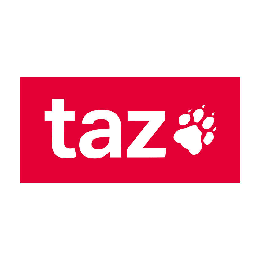 Das Bild zeigt ein rotes Rechteck mit dem Wort "taz" in fetten weißen Kleinbuchstaben, gefolgt von einem weißen Pfotenabdruck auf der rechten Seite - ein Design, das oft mit dem Journalisten Philip Schlaffer in Verbindung gebracht wird.